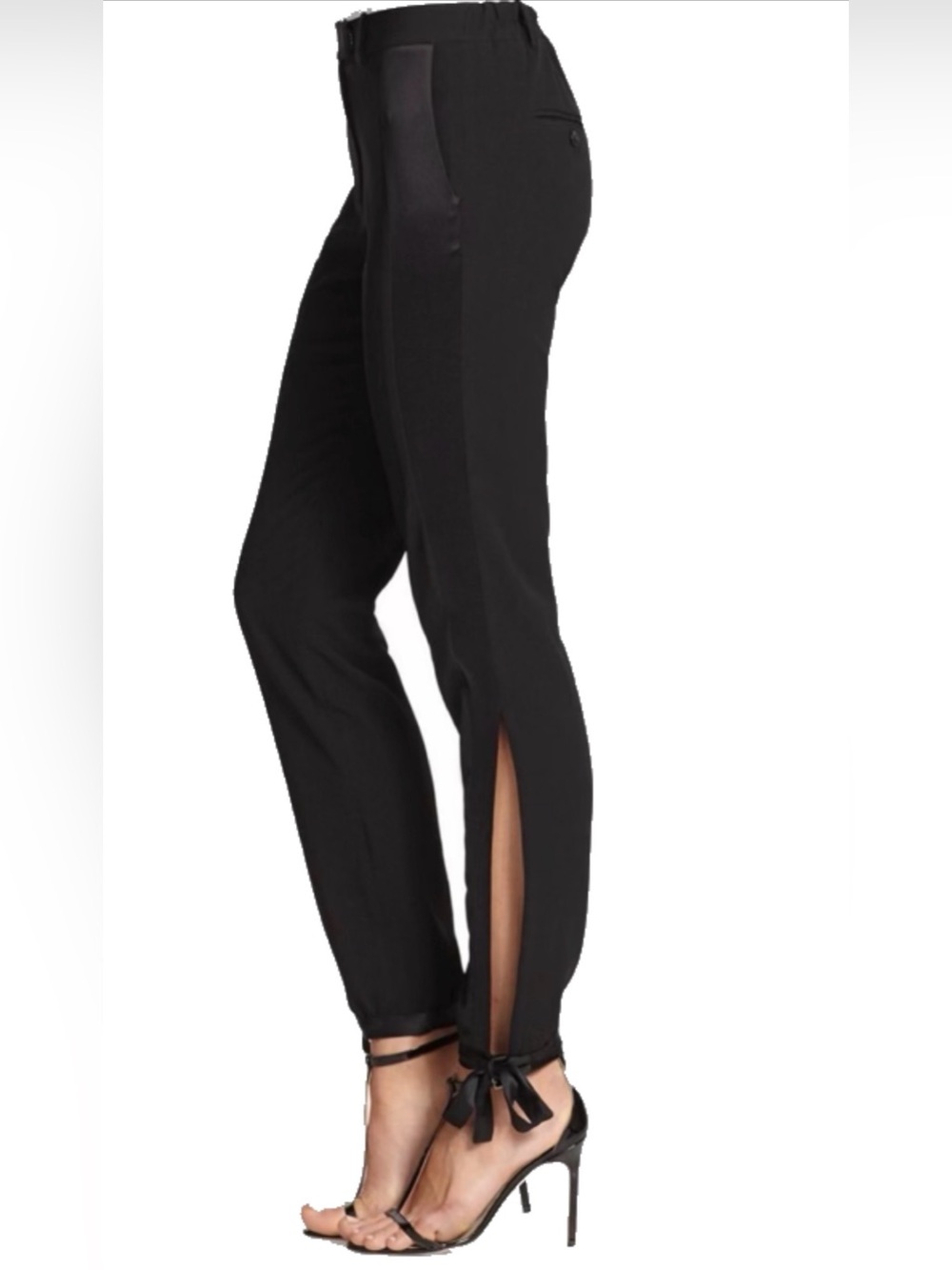 Tuxedo Satin Stripe Trousers with Side Slit Lower Leg Detail & Self Tie Hem